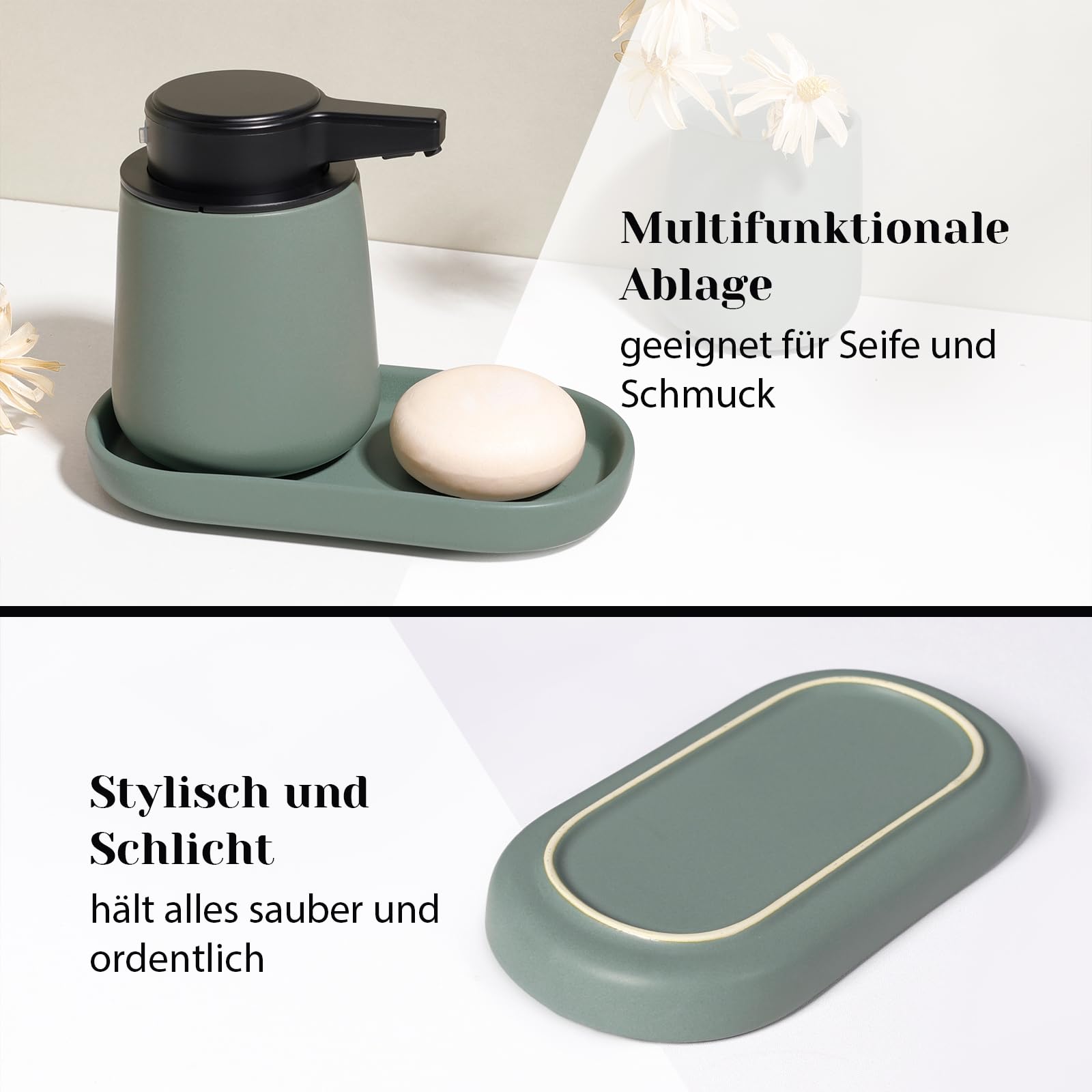 Juego de baño de 3 piezas, dispensador automático de jabón de 350 ml, recargable, vaso para cepillos de dientes de 280 ml y bandeja, moderno juego de baño minimalista verde, accesorios de