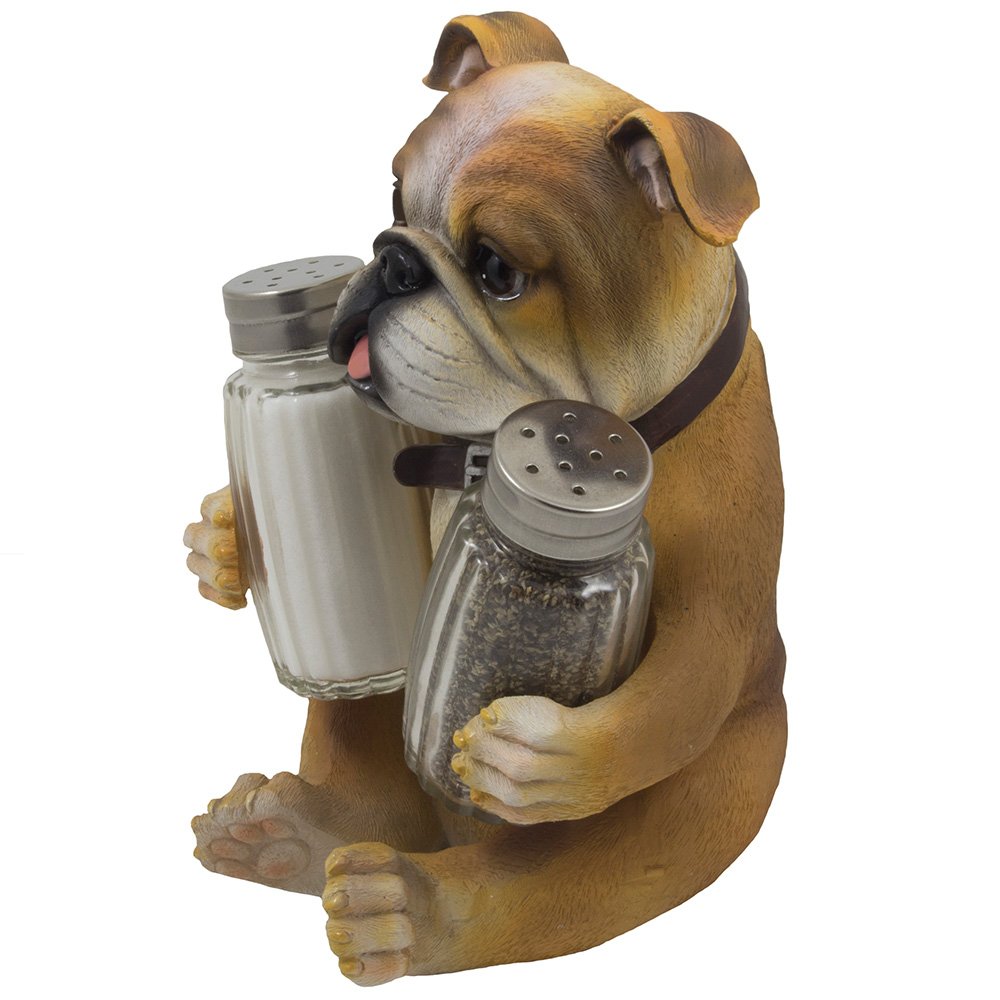 Bulldog - Juego de salero y pimentero con soporte decorativo para exhibición de especias, para cachorros y perros, decoración de cocina o decoración de mesa de bar como regalo de inauguración de la casa para los amantes de las mascotas