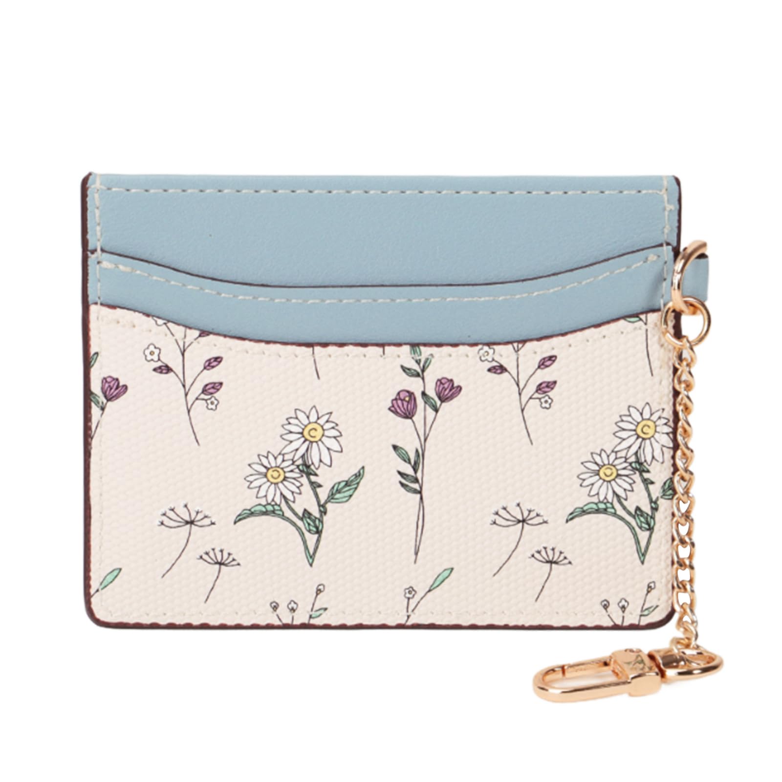 LJCZKA Slim Minimalist Front Pocket Wallet Women RFID Blocking Credit Card Holder Card Cases Cute Floral Purse with Keychain (Blue)