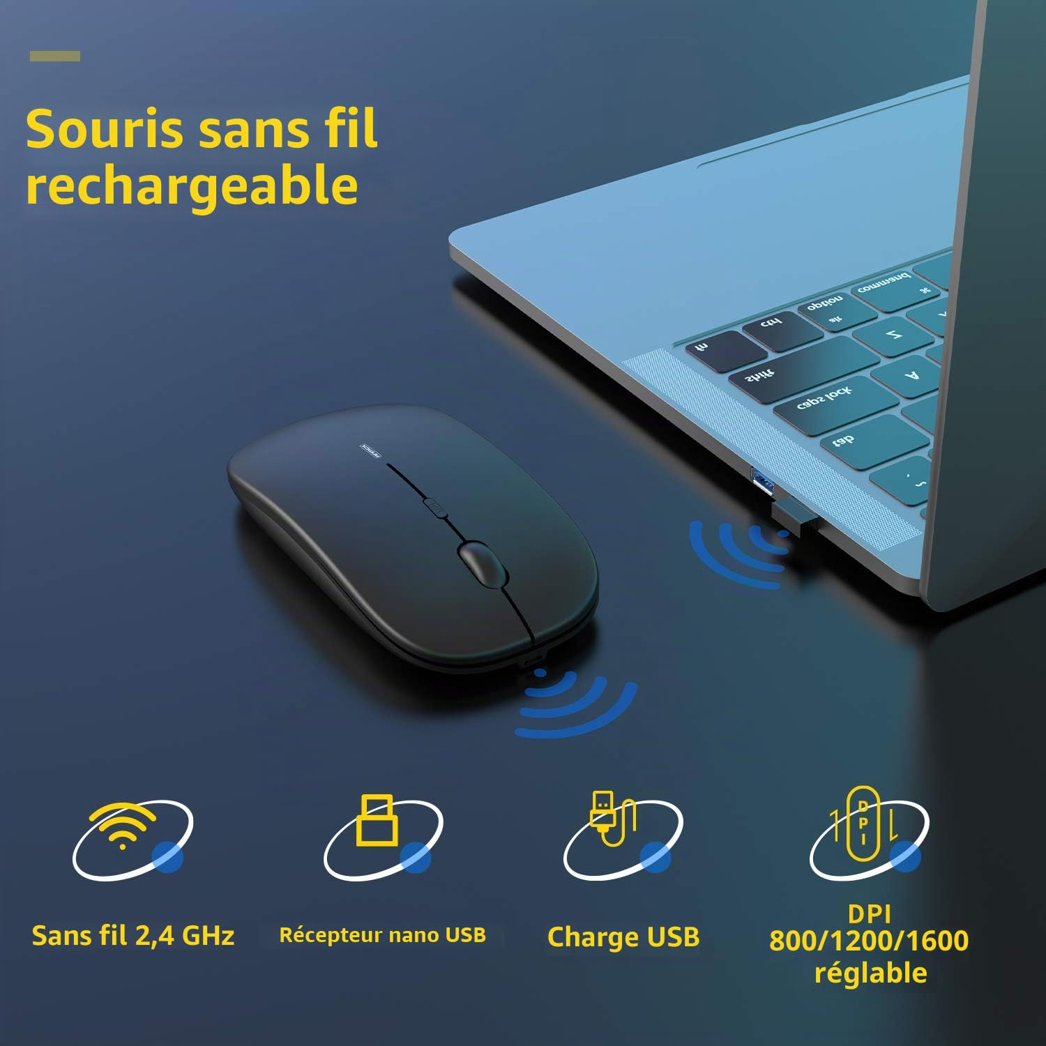 Souris sans Fil Silencieuse Rechargeable USB 1600 dpi 3 Niveaux de réglage 10 m Mini Ordinateur Portable PC