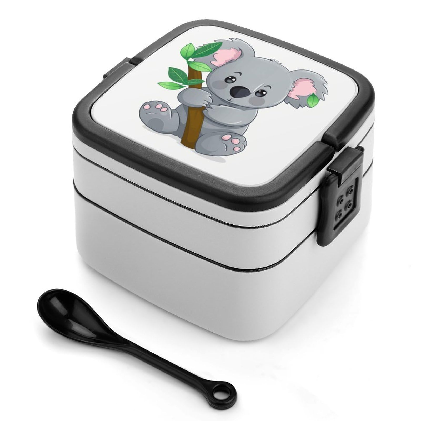 FekiLoot Green Leaf Koala Bento Box Adult Lunch Box Sealed Bento Lunch Boxes with Spoon Sturdy Double Layer Bento Boxes Snap-on Design Leak Proof Lunch Containers Ideal for Work