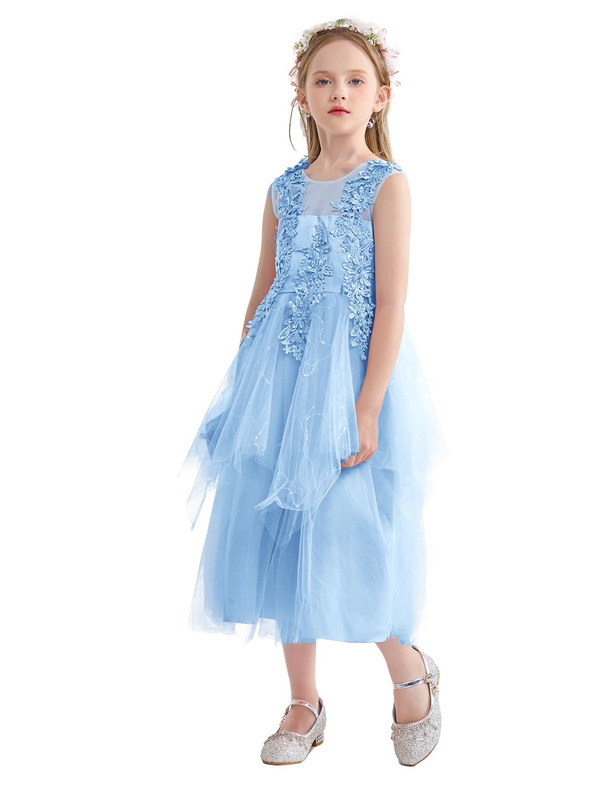 LOLANTA Vestido Niña Ceremonia Fiesta, Vestido de Tul de Boda, Blanco Ropón para Bautizo