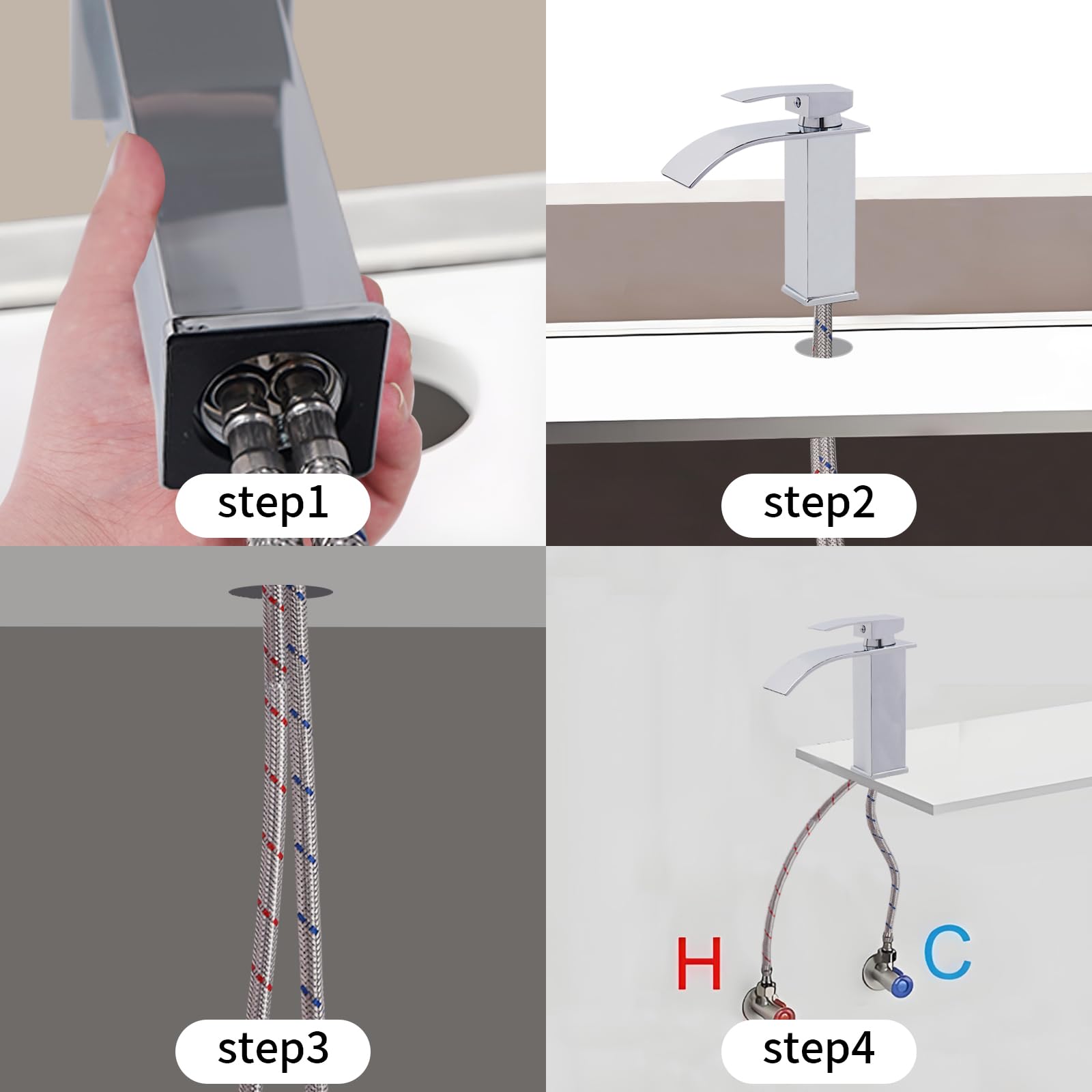 Grifo Lavabo Cascada Acero Inoxidable Grifo Monomando Lavabo de Agua Caliente y Fría Grifos para Lavabos de Baño con Cartuchos Cerámicos Grifería de Bajo Consumo Cromado Plata