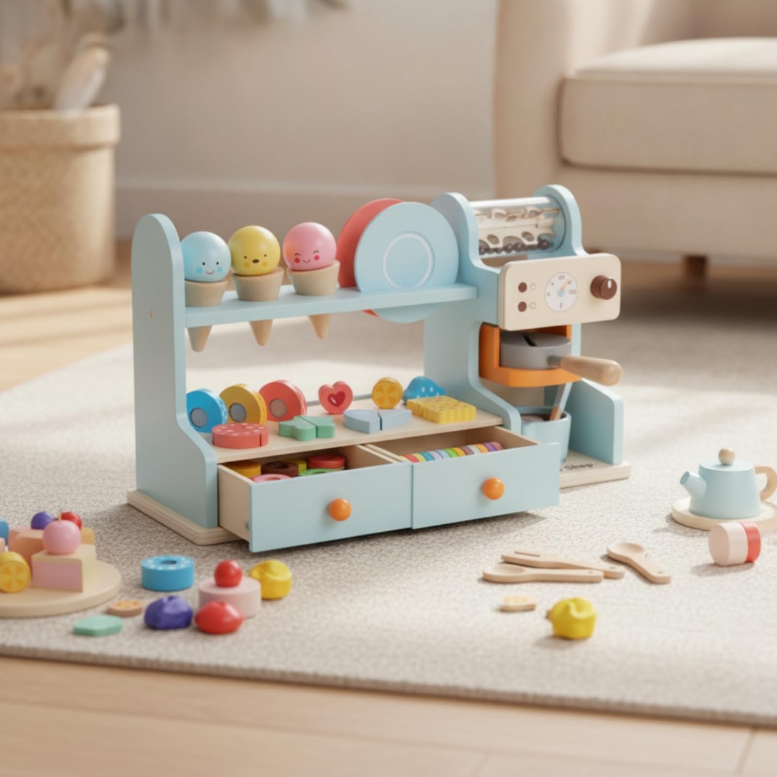 Colcolo Kinder Spielküche Holz Spielset Küche Marktstand Theke Kaffee Bereich Zubehör EIS Dessert Tassen Karten Rollenspiel , Koreanischer Eiscreme-Kaffeeladen Blau Für Jungen