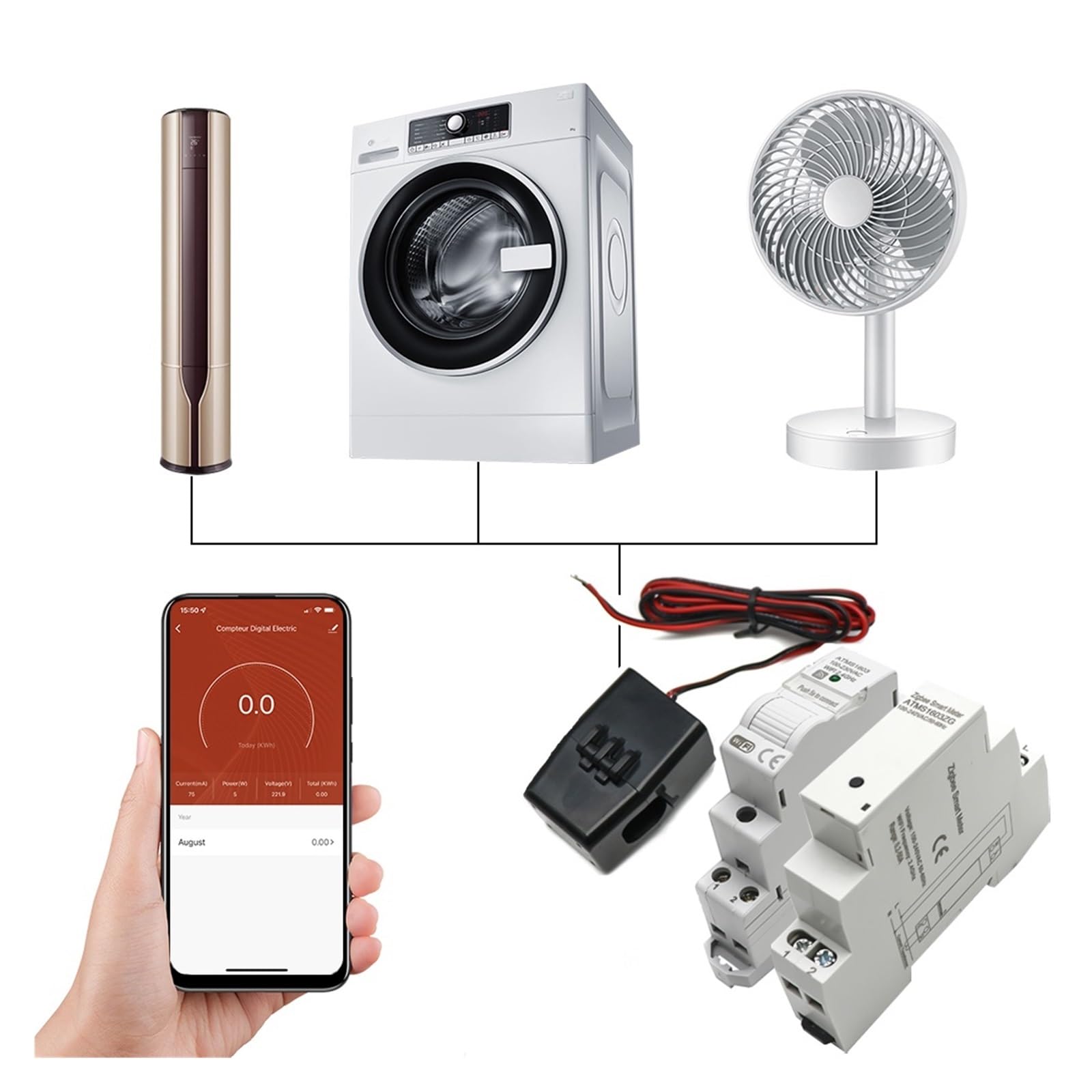 Tuya Smart WiFi Zigbee Licznik Energii Elektrycznej KWH Na Szynę Din Jednofazowy AC 50A 63A CT Miernik Prądu Przemiennego Aplikacja Monitor W Czasie Rzeczywistym Moc Monitorowanie Energii(Wifi,63A)