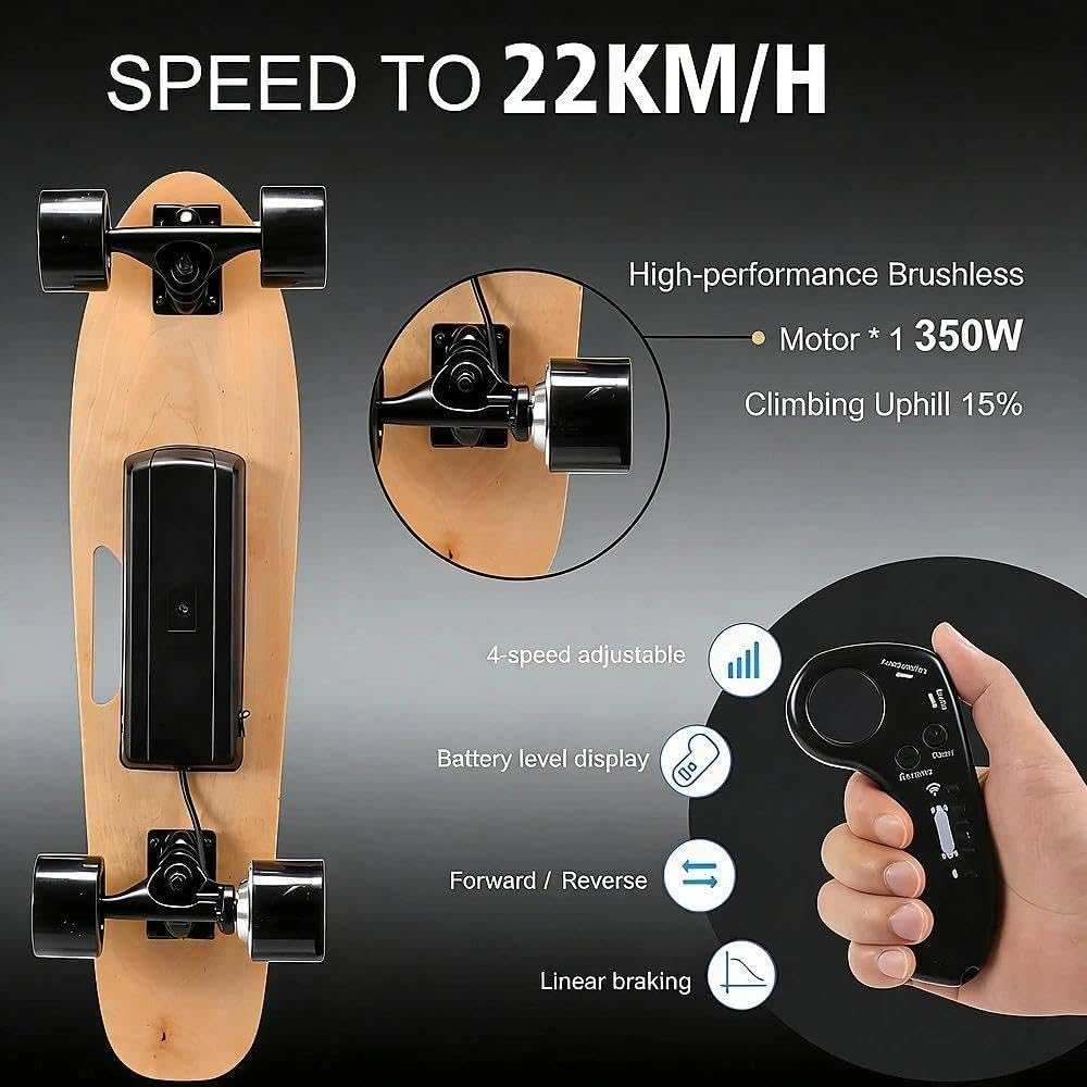 Skateboard électrique De 26,8 Pouces, Longboard électrique avec Télécommande - Vitesse Maximale De 14 Mph, Autonomie De 8 Miles, 350 W, 4 Vitesses, pour Débutants, Adolescents Et Adultes