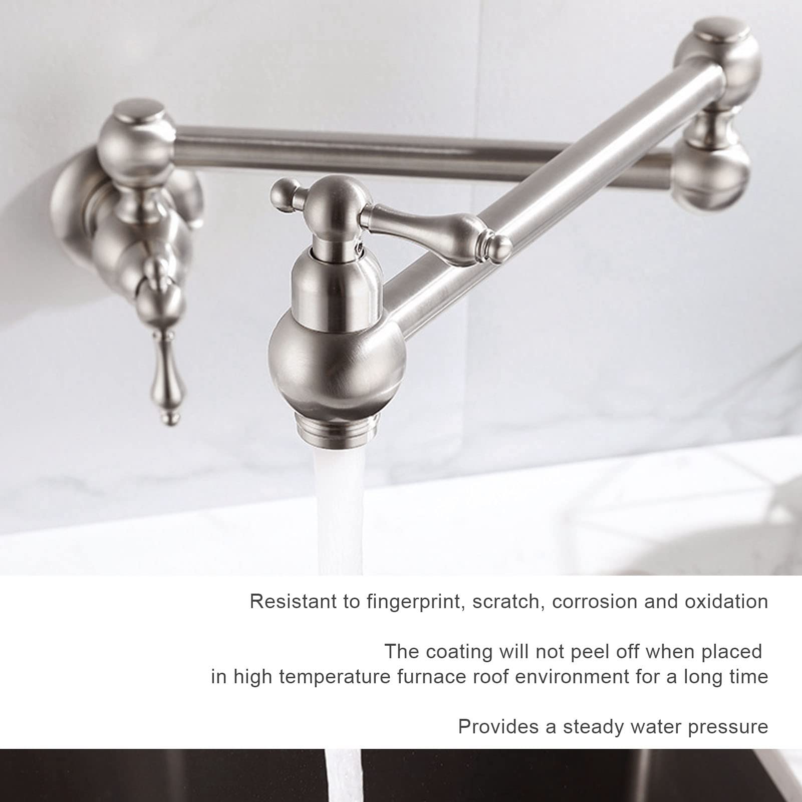 Rubinetto per riempimento pentole, rubinetto da cucina a parete in rame estensibile G1/2 Rubinetto pieghevole per riempimento pentole a due manici a foro singolo(Argento spazzolato)
