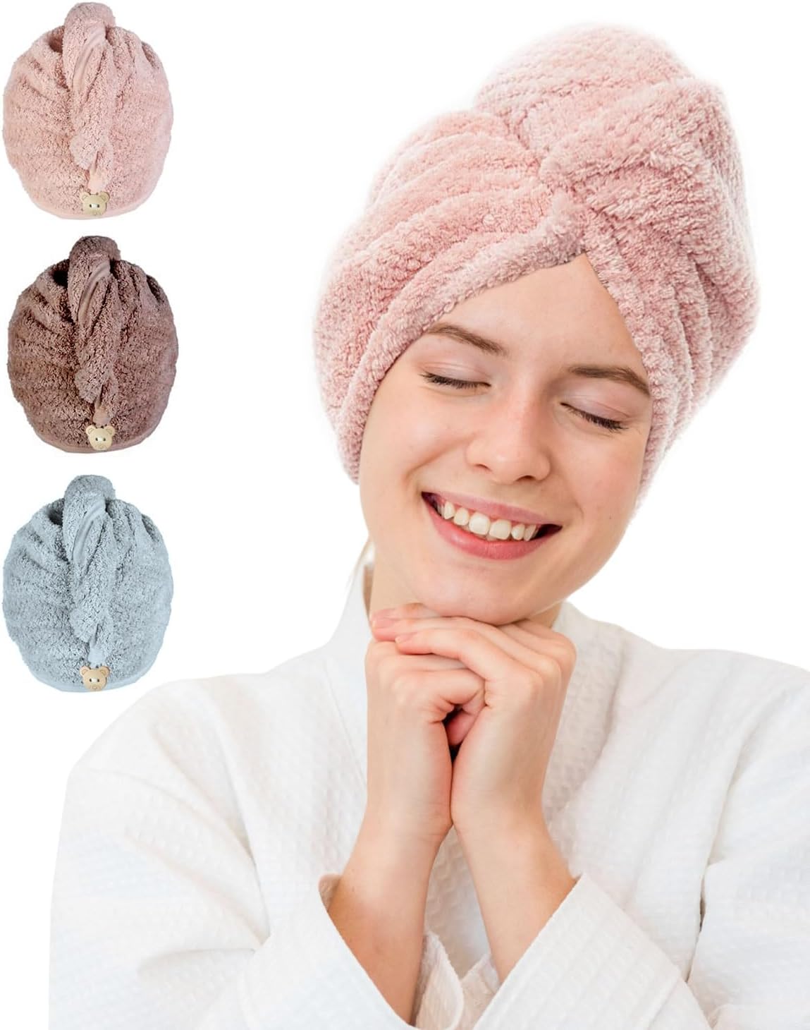 MOXTOYU 3 Pack Microfibre Hair Towel Wrap Super Absorbent Microfiber Towel For Hair With Buttons Microfibre Head Towels For Women Girl Long Curly Wet Hair (Grey/Pink/Green)