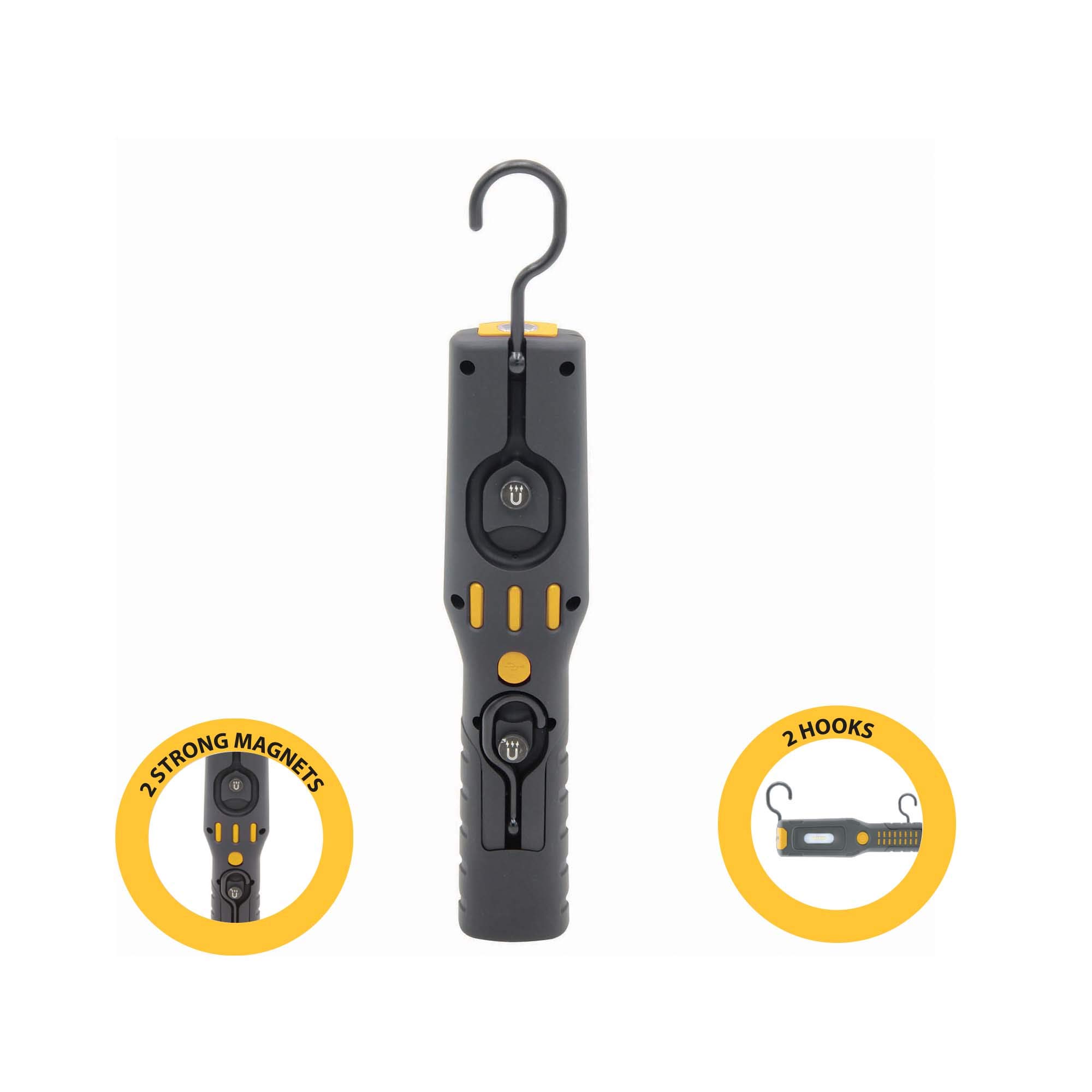 ALAMO: Worklight + torcia ricaricabile LED con ganci e calamita. Base orientabile.