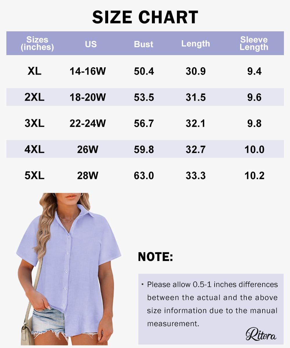 RITERA Blusas de talla grande para mujer, con botones, manga corta, enrollables, con puños, casuales, con cuello, camisetas ligeras de verano