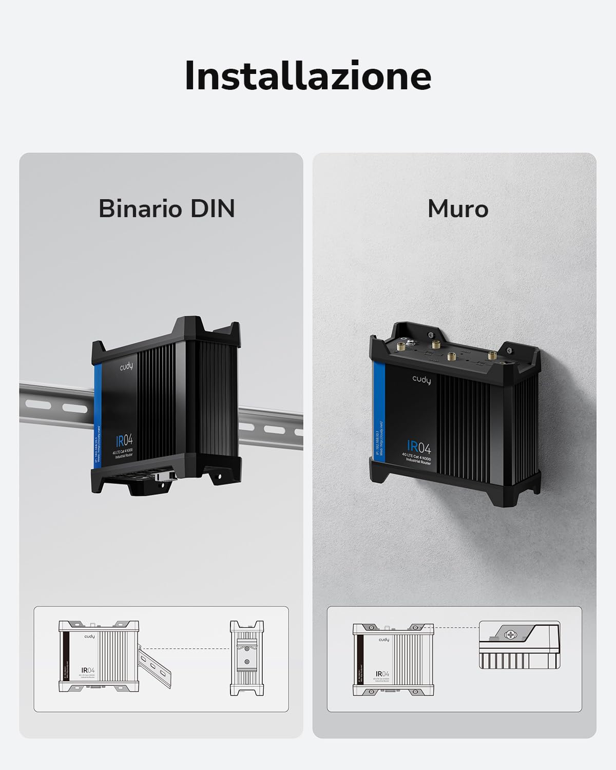 Router Wi-Fi industriale Cudy 4G LTE N300 Cat 4, doppia SIM, RS232/422/485, IP30, alimentazione PoE, controllo tramite app o web, guida DIN, montaggio a parete, IR04