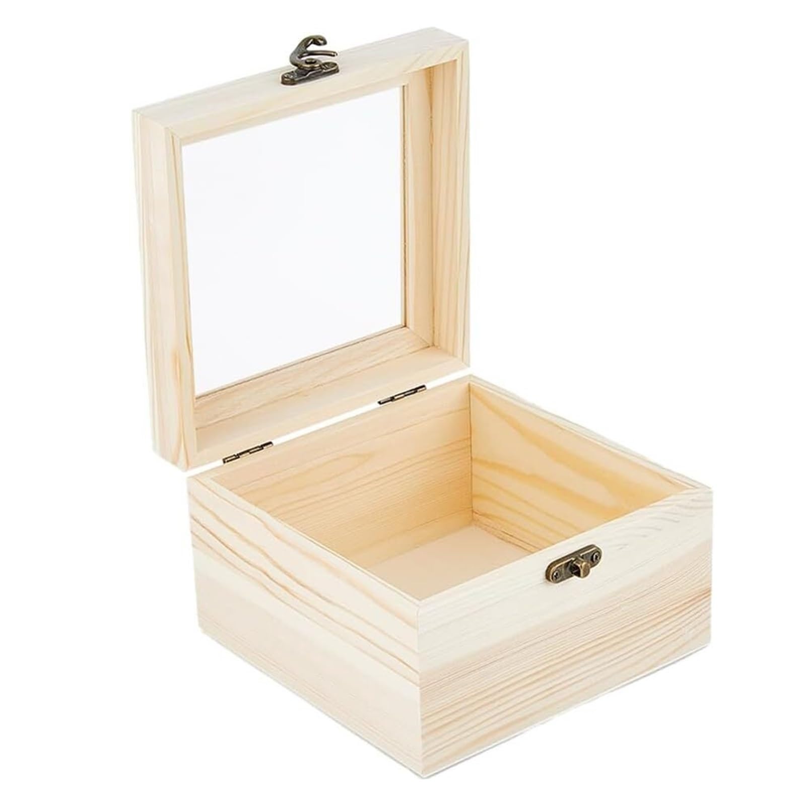 Caja de almacenamiento de madera sin tratar Caja de madera con tapa transparente, cajas pequeñas cuadradas sin terminar, caja artesanal 15x15x9,5 cm ventana for almacenamiento joyas