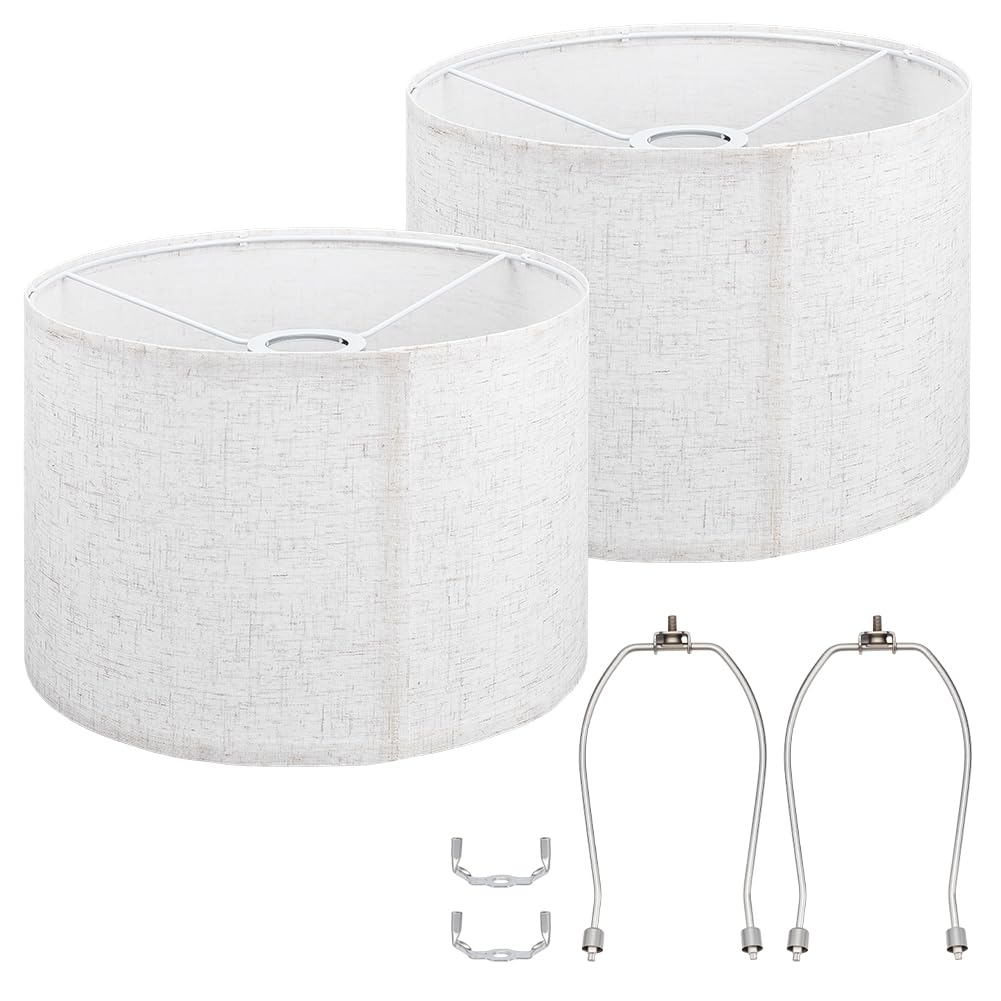 NBEADS 2 Pcs Beige Lampshade, 28x20cm Modern Fabric Lampshades with 2 Pcs Iron Lamp Shade Harp Holder Replacement Lamp Shade for Replaceable Home Decor Shade, Drum