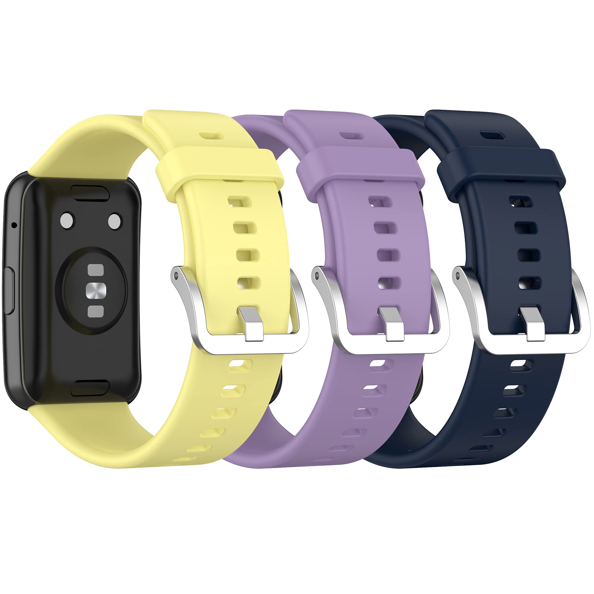 Confezione da 3 cinturini di ricambio compatibili con Huawei Watch Fit Smartwatch, regolabili, in silicone, per uomini e donne (giallo, viola, blu scuro)