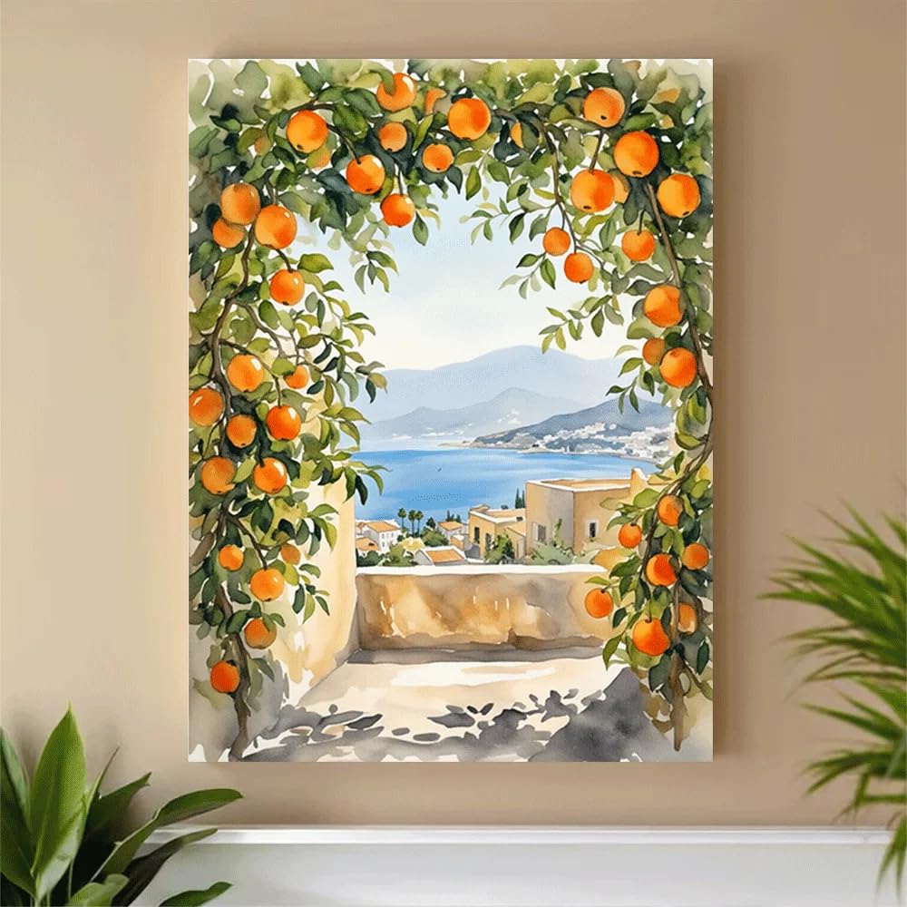 GKUVBF Tableau sur toile représentant un paysage côtier méditerranéen, une arche d'orangers en été, un village en bord de mer, une ferme, une décoration intérieure (70 x 100 cm/cadre intérieur)