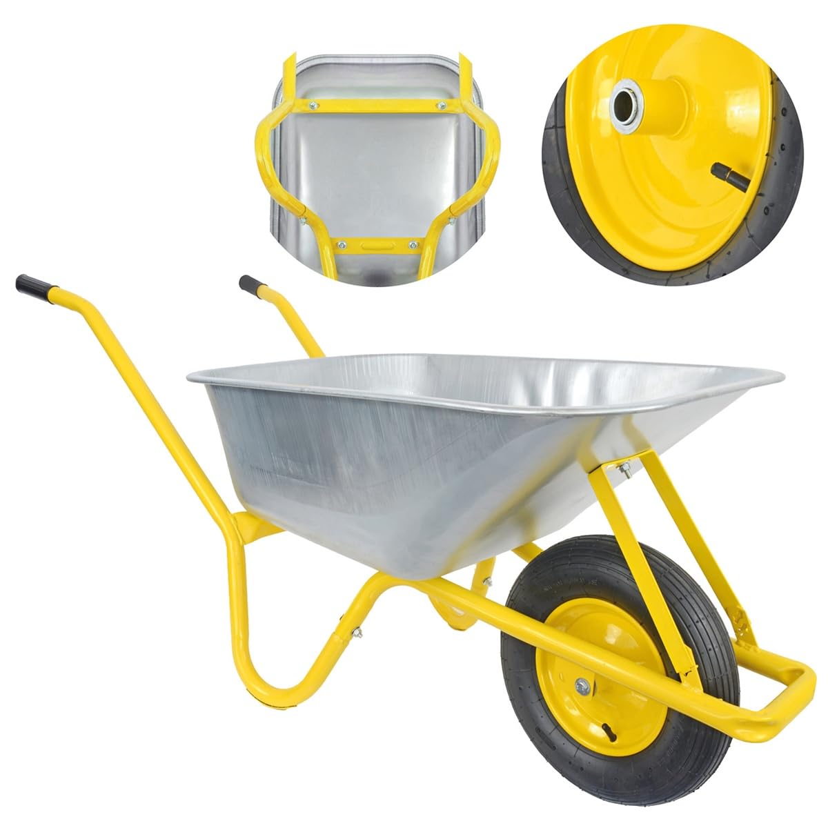 Matrix Schubkarre 100l Liter 250 kg Luftrad Schubkarren groß Garten Scheibtruhe Bauschubkarre | Mulde verzinkt | Metall Felge mit Kugellager | Farbe gelb