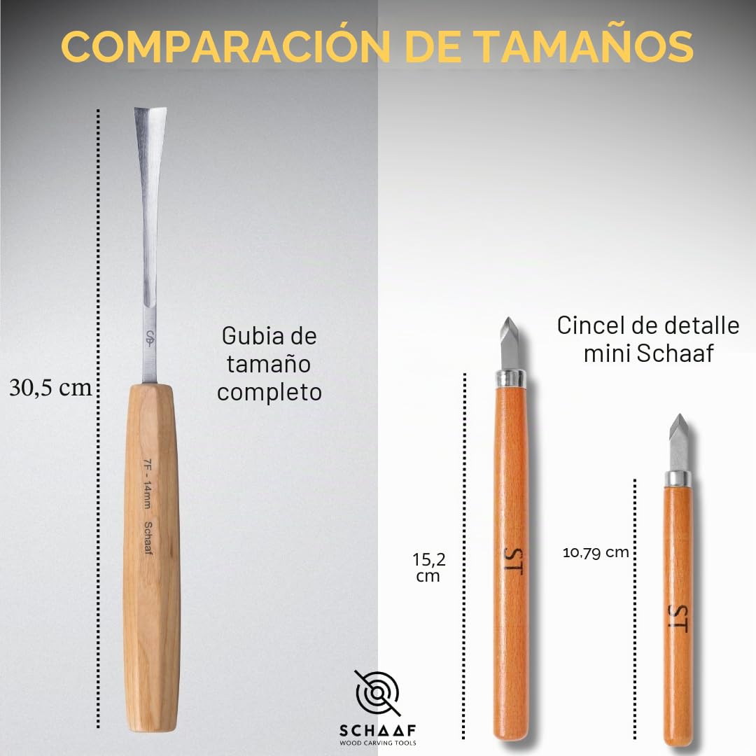 Schaaf Wood Carving Tools Juego de 4 cinceles con estuche de lona | Gubias de cola de pez para llegar a espacios que otros cinceles no pueden | Cuchillas de acero CR-V 60 afiladas | Kit de tallado de