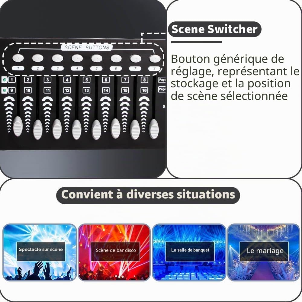 DMX-512 Contrôleur Console 192 Canaux DJ Lumière Contrôleur Console 240 Scènes pour Mini Contrôleur DMX Pupitre de Lumière Fête DJ Disco Moving Head Lumière Scène Lampe Opérateur Équipement (Noir)