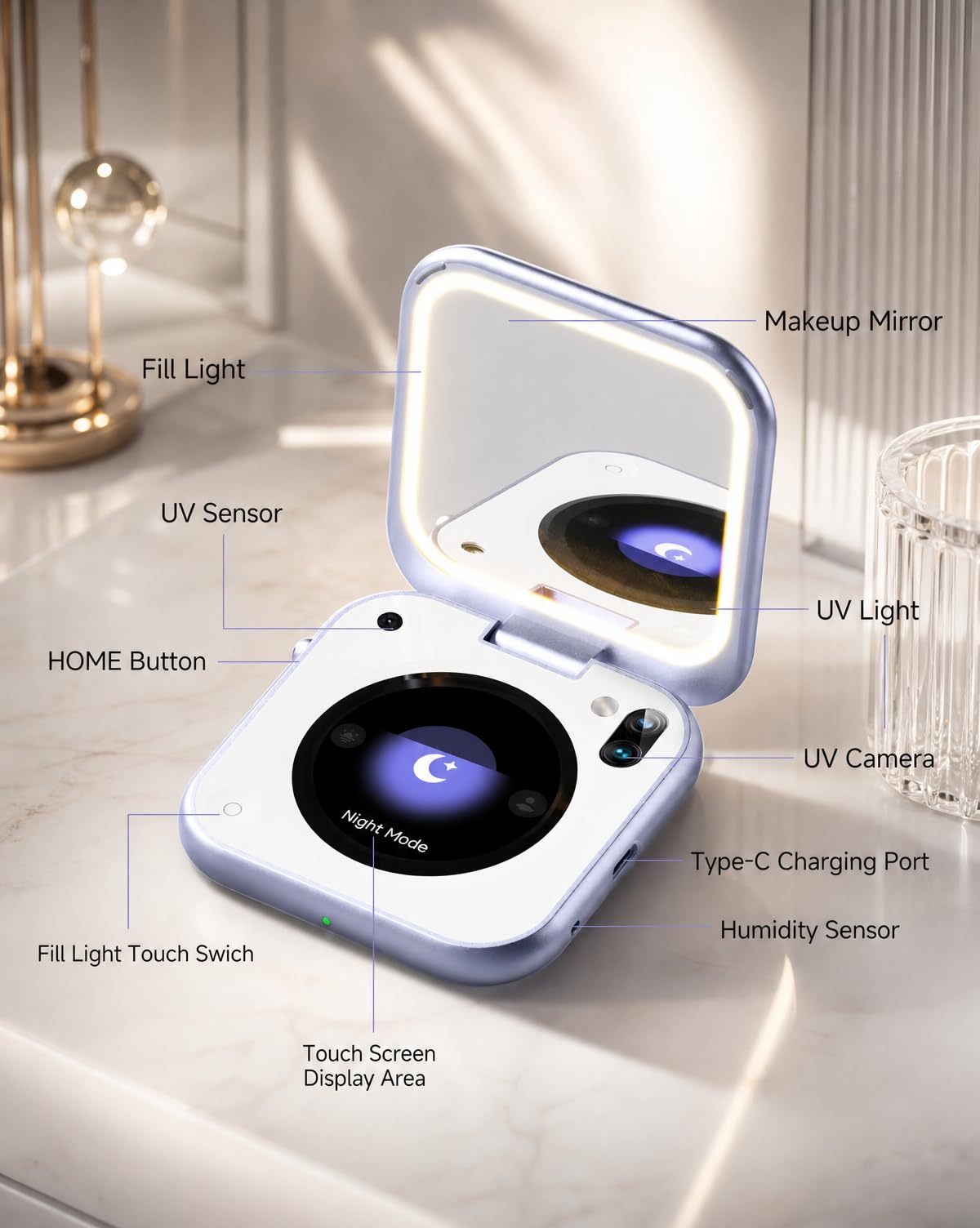 inewme UV Camera Makeup Mirror, LED Compact Mirror for Sunscreen