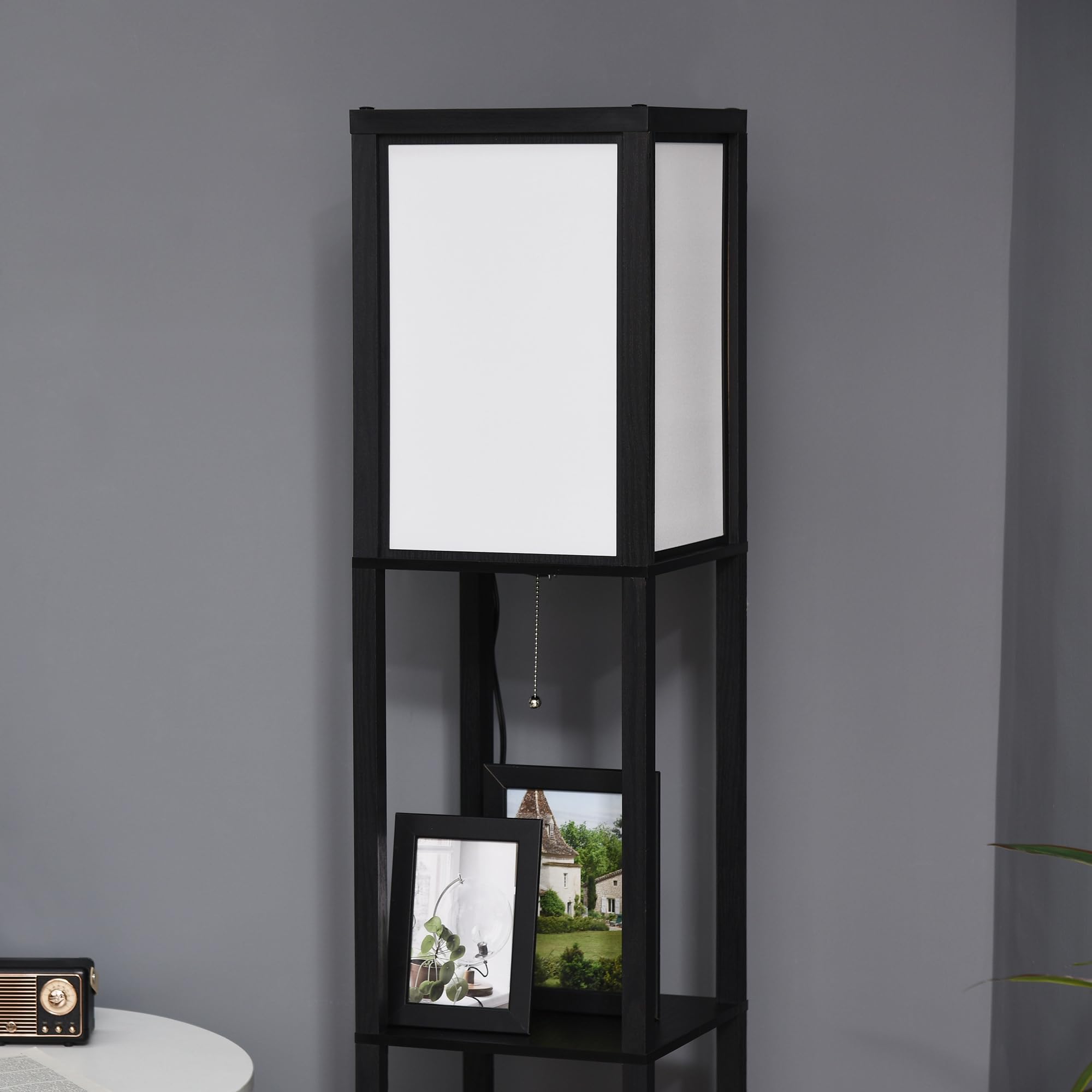 HOMCOM Lámpara de Pie de Madera con Estante de Almacenaje para Bombilla E27 Potencia Máx. 40W Lámpara Moderna para Salón Dormitorio 26x26x156 cm Negro y Blanco
