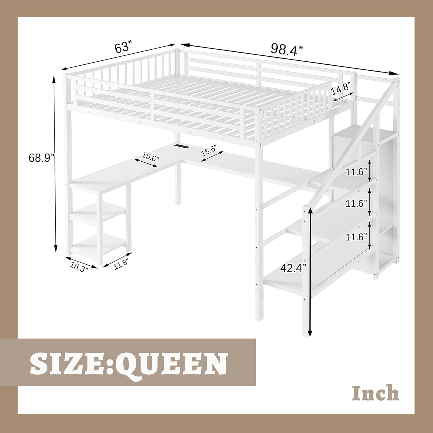 Queen Size Loft Bed with Desk and Stairs, Metal Loft Beds Frame with Storage and LED Light, Bed Desk Combo, Gaming Loft Bed with Wardrobe and Adjustable Shelf, for Kids Teens Adults, White