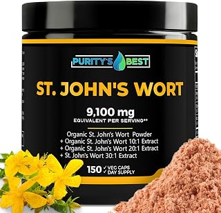 Purity’s Best St. John’S Wort Powder + 10x + 20x + 30x Extract 9,100mg Eq. Per Serving, Positive Outlook Support*, Improved Sleep, Natural Stress Relief Support, 150 Veggie Capsule, 5 Month Supply