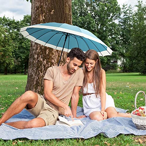 Dlin Stick Umbrella Women Windproof, 16K Ribs Stylish Automatic Open Large Umbrella With Hook Handle Umbrellas For Rain (Blue) #TOP3