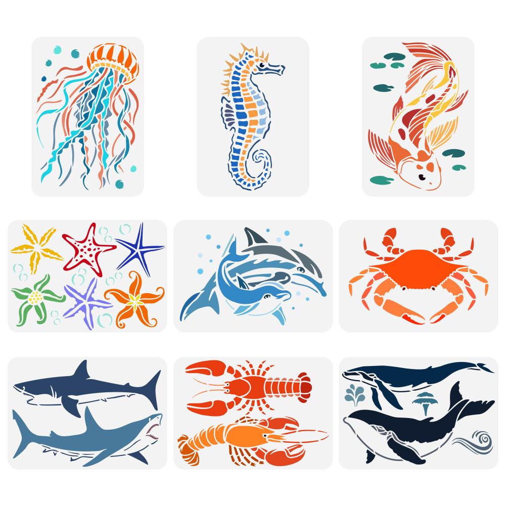 FINGERINSPIRE 9 pcs Aquatic Creatures Painting Stencil 21x29.7cm Seahorse Jellyfish Koi Dolphin Crab Starfish Lobster Shark Whales Drawing Template for Painting on Wood Wall Fabric Furniture