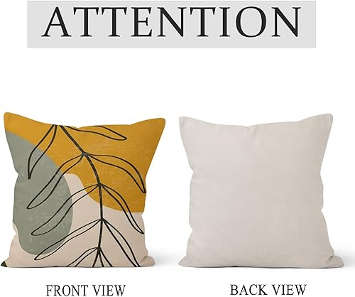 Miniatura 6 de Juego de 4 fundas de almohada cuadradas de lino con diseño abstracto bohemio de 24 x 24 pulgadas, diseño minimalista moderno y minimalista de hojas