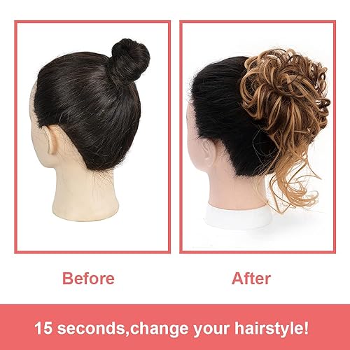 Miniatura 4 de KETHBE Postizo de moño desordenado, extensión de moño alborotado con banda elástica, postizo de cabello rizado para mujer (mezcla de marrón oscuro y