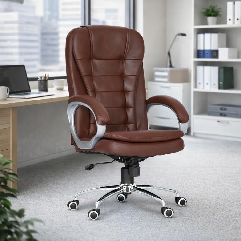 Leatherette Executive High Back Revolving Office Chair with Integrated Lumbar Support, Comfortable Leather Seating for Manager, Desk, and Work Use, 1 Year Warranty - Brown
