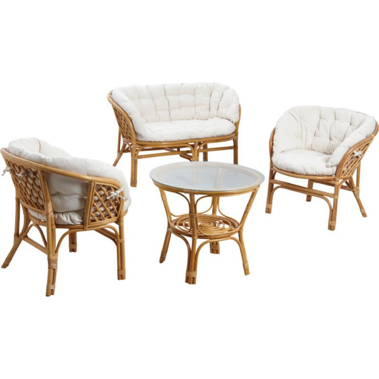 AUBRY GASPARD - Salon Rotin Naturel - Rotin Écorcé Teinté - Coussins Mousse Polyéther, Tissu Coton - Canapé 115x67x72 cm - Fauteuil 77x65x72 cm - Table Basse Verre 65x53 cm - pour 4 Personnes