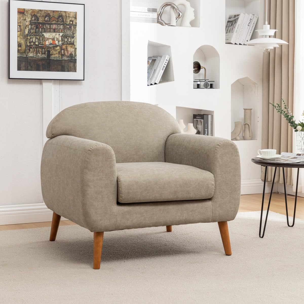 Liberto Faux Leather Upholstered Accent Chair with Round Arms – Modern Comfort and Stylish Design for Living Room Chair, Bedroom or Office Lounge Seating (Taupe)-image-30