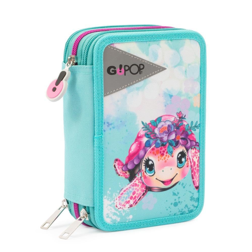 Go Pop - Astuccio Triplo Scuola Turtle Bloom Con 3 Zip E 3 Scomparti, Contiene 18 Matite Colorate, 18 Pennarelli e altri Pratici Oggetti per la Scuola,13 l x 19,5 h x 6,5 p