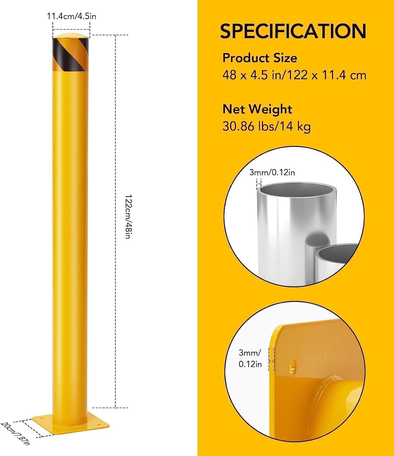 Safety Bollard 4 Packs,48 Inch Height Bollard Post, 4.5 Inch Diameter, Yellow Safety Steel Bollard Post with 16 Anchor Bolts, for Traffic Control, Driveway Barrier, Parking Pole