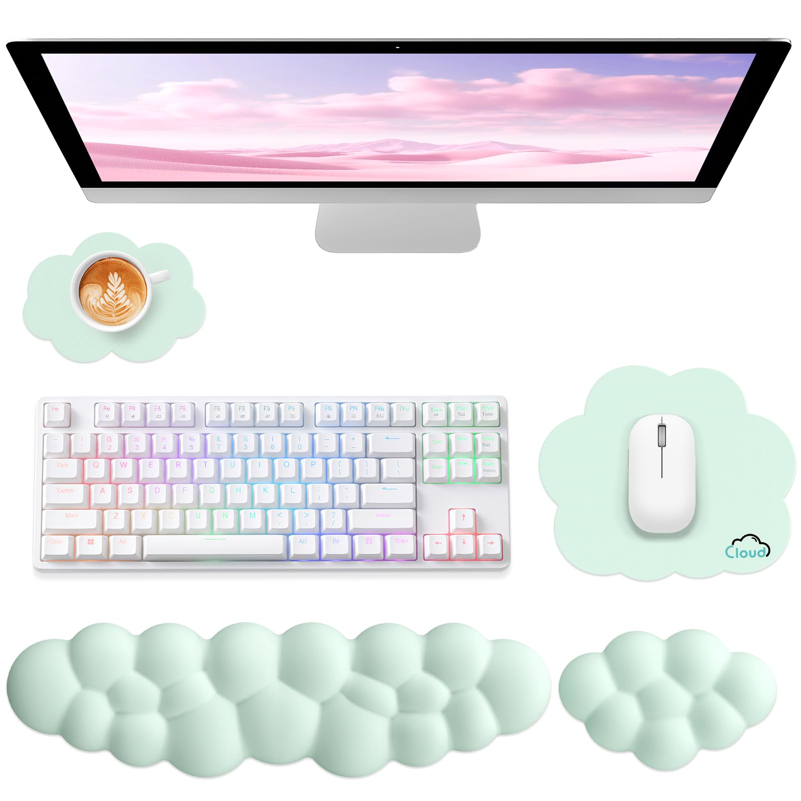 Sushret Cloud Wrist Rest for Computer Keyboard, 4-in-1 Memory Foam Leather Cloud Keyboard Wrist Rest and Mouse Pad Set with Ergonomic Support for Arm