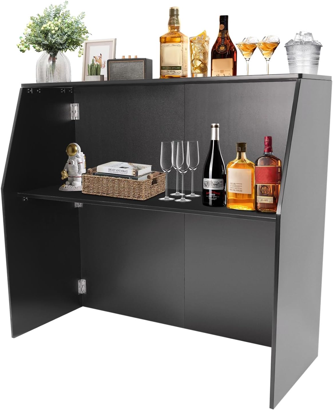 4' Folding Portable Event Bar with Top and Middle Shelves, Foldable Bartender Table Cabinet Station, Mobile Laminate Foldable Bar for Parties and Events