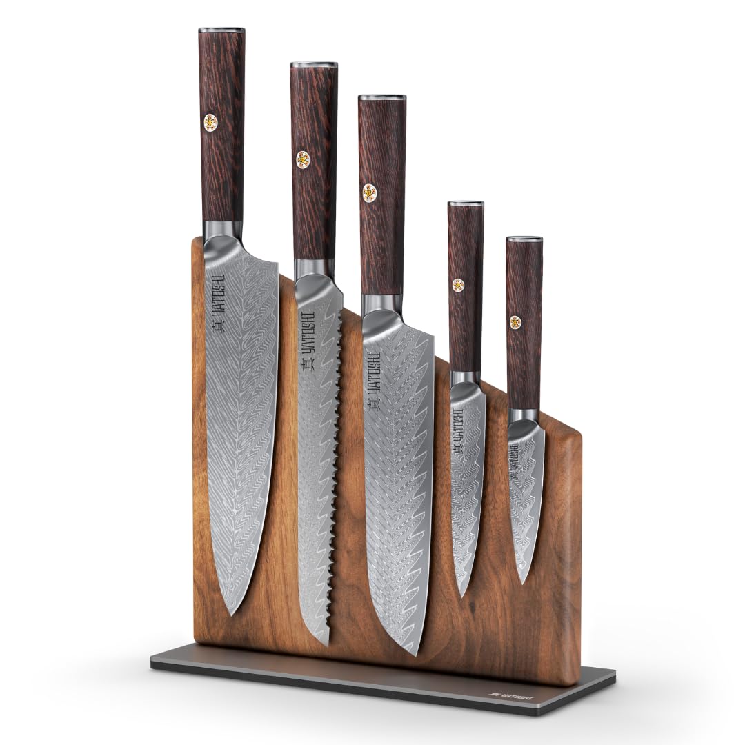 Yatoshi Knives Magnetic Kitchen Knife Block Set - Japanese 67 Layer High-Grade VG-10 Steel Knives, Sharp, Professional Kitchen Knife Set - Damascus (6 pieces), Olive Wood Handles — Amazon image 13