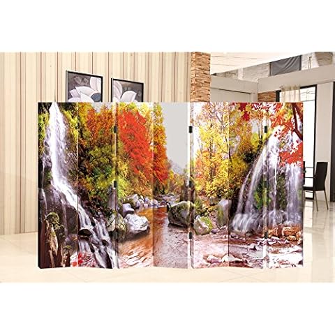 Back to 20s Oriental Style 7-Panel Foldable Shoji Screen Room Divider, Water Fall in Foliage Mountain Cover