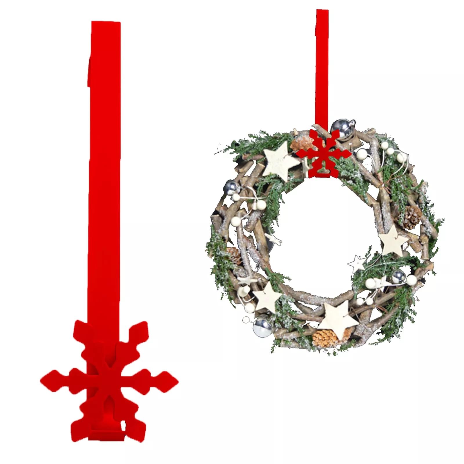 Metal Christmas Decoration Set, Snowflake Over Door Hanger and Wreath, RED