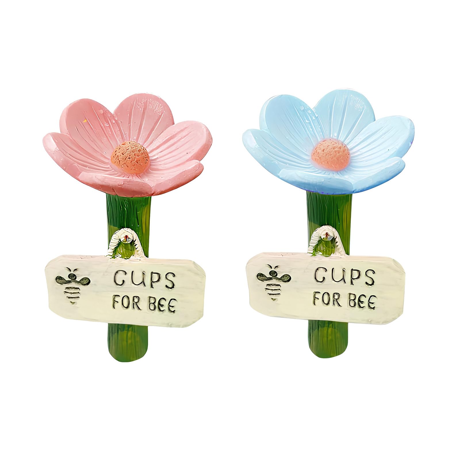 2 Pcs Cups for Bees, Flower Shaped Pollinator Bee Watering Station, Drinking Feeder with Stake Base, Bee Cups for Garden, Yard and Lawn (Pink and Blue)