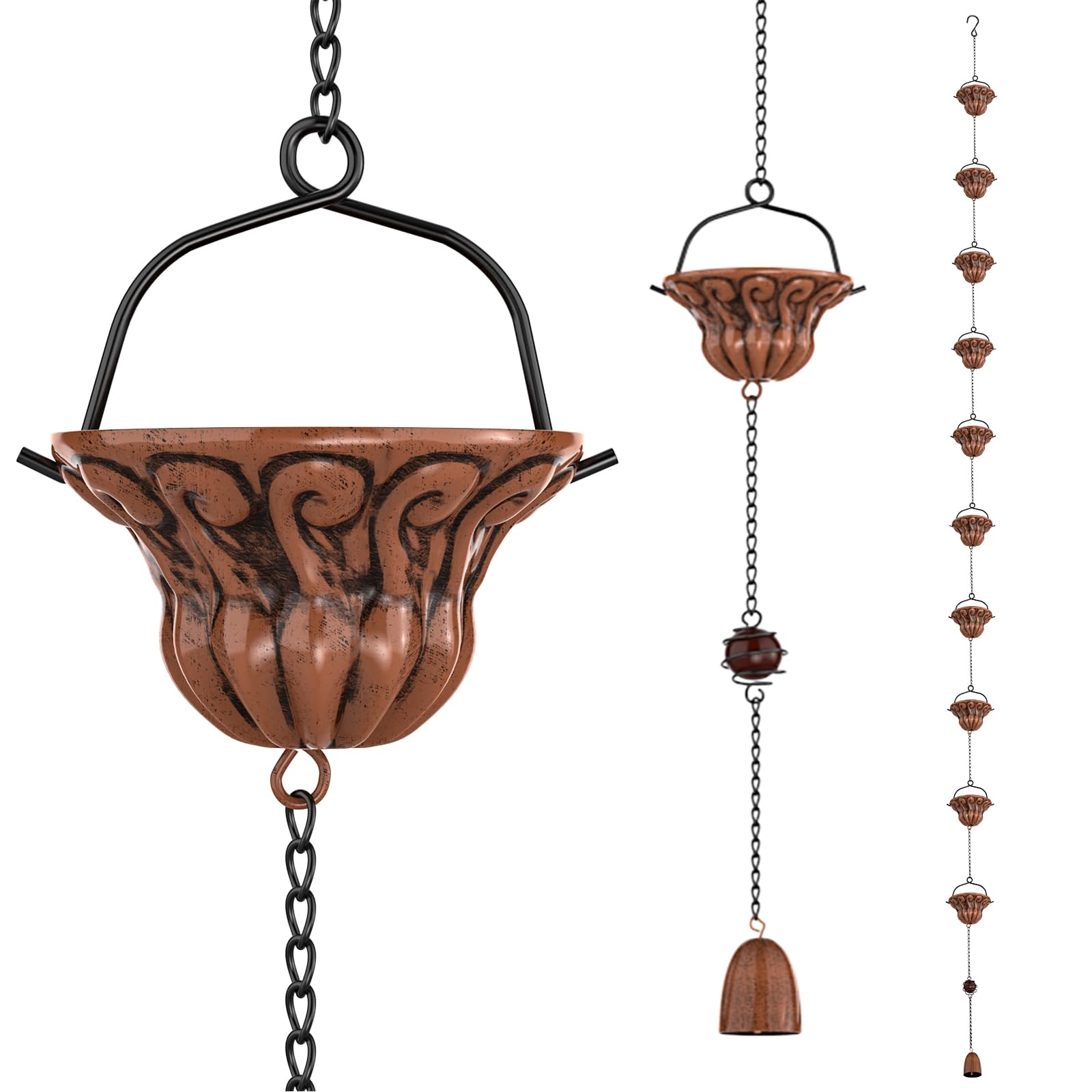 Chaîne de Pluie, chaînes de Pluie en métal de Longueur 2.3 m, Tuyau de Descente de Rechange pour gouttières, Fonctionnelle et décorative chaînes de Pluie suspendues (Vintage Copper)