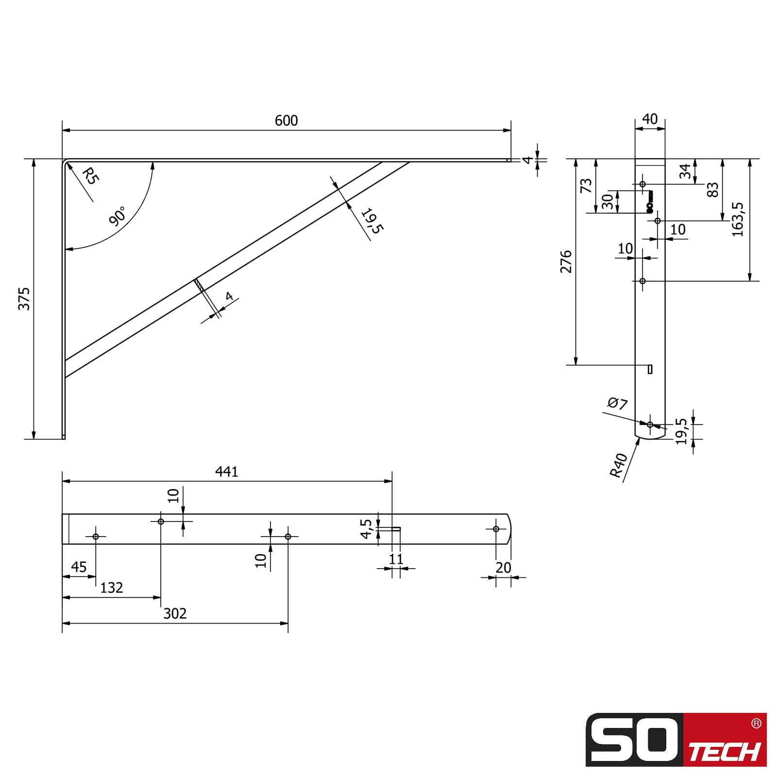 SOTECH 8er Set Regalkonsolen (600 x 375 x 40 mm, schwarz, pulverbeschichtet), Wandkonsolen mit Querstrebe zur Stabilisierung