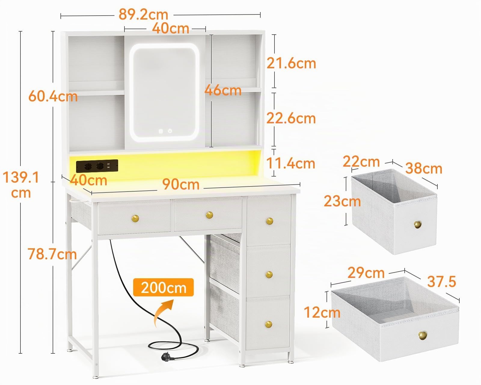 ODK Tavolo da Toeletta con Specchio LED Regolabile, Prese USB Integrate e Striscia Luce RGB – Toeletta con 5 Cassetti in Tessuto e Ripiani a 3 Livelli – Tavolo da Trucco Bianco 90×40×139 cm