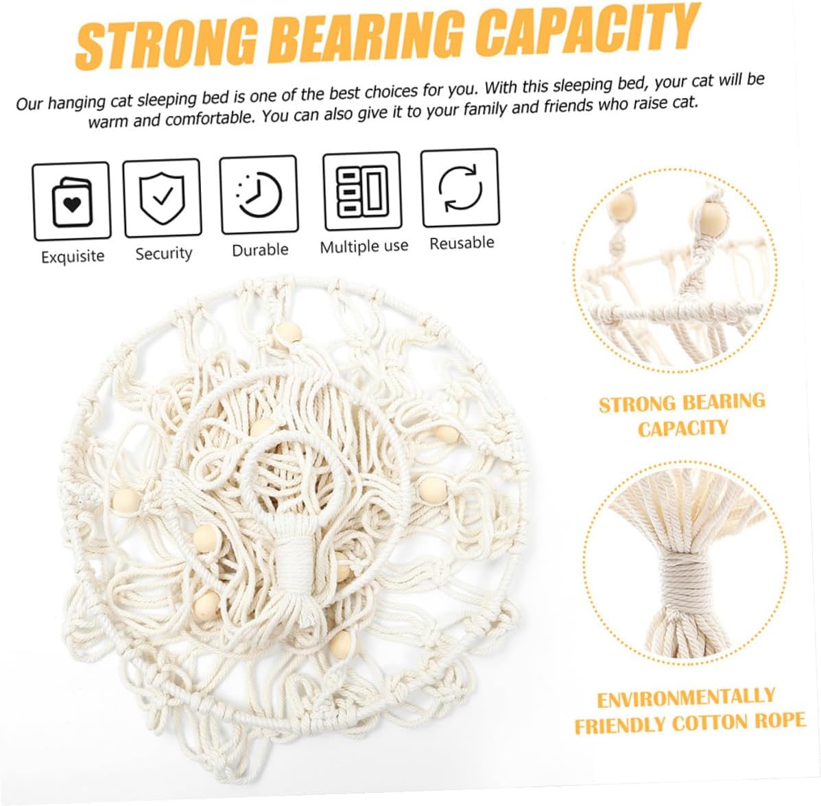 OUNONA Decorative Cat Hammock Hanging Bed, Wear-Resistant 40cm Macrame Pet Nest for Cats to 30lbs, Bohemian Style Indoor Window Perch for Kitty Supplies
