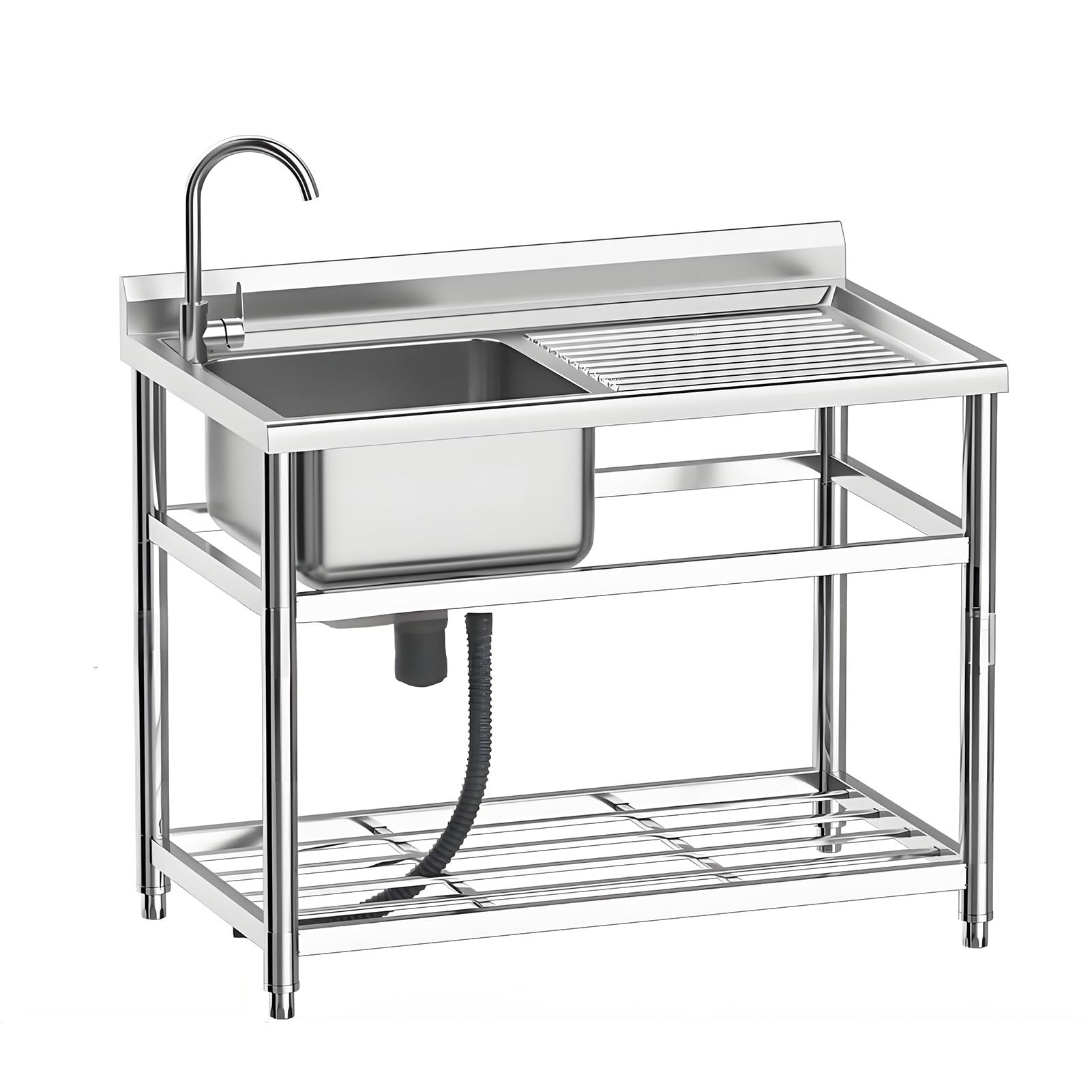 HCZKIUJY Kitchen Utility Sink,43”Freestanding Stainless Steel Utility Sink, Commercial Kitchen Sink with Drainboard + Faucet for Restaurant, Garage, Laundry Room (Silver-110x64x85cm)