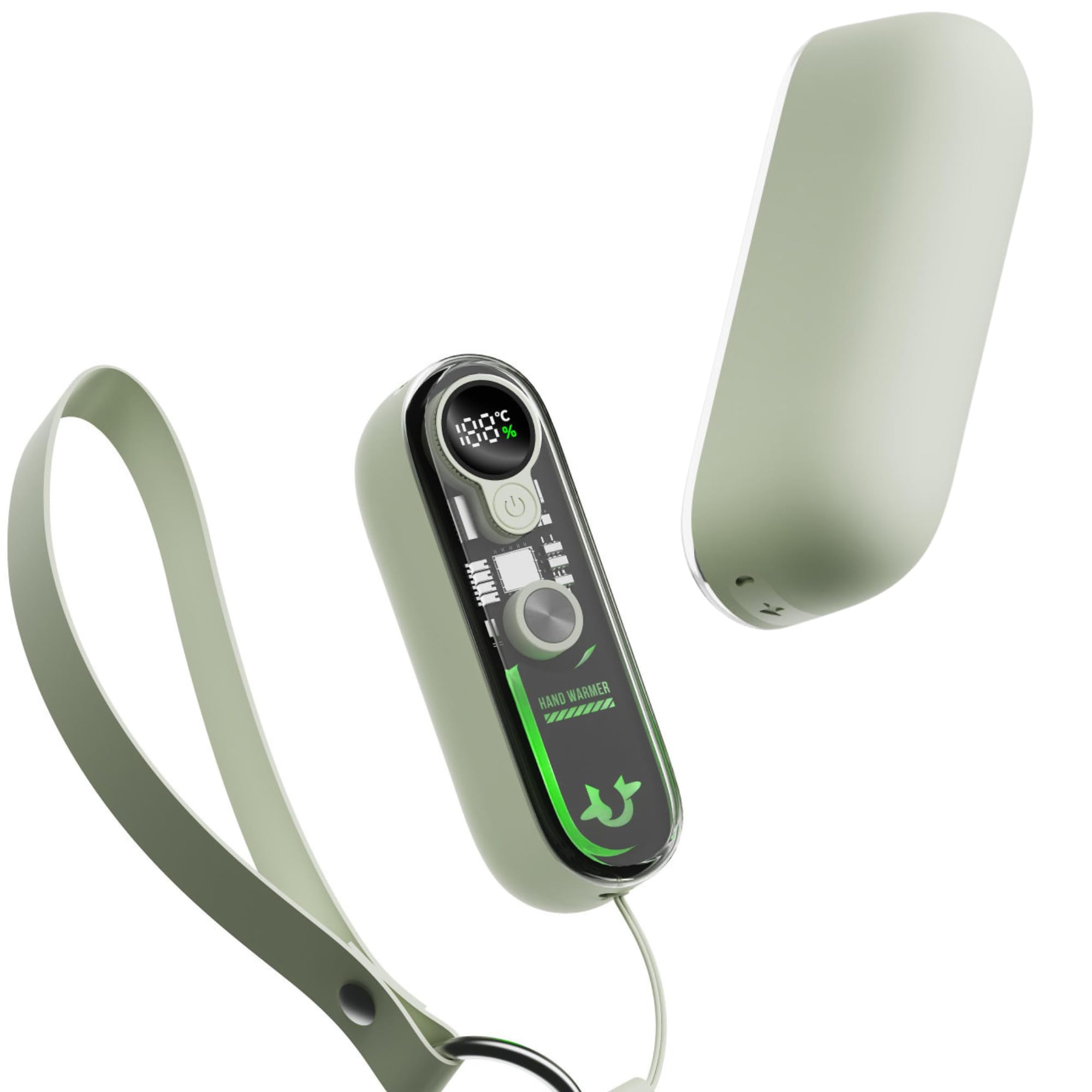 Chauffe-mains rechargeable avec fixation magnétique, 6000 mAh, chauffage double face, 3 réglages (45 °C à 60 °C), charge rapide, design transparent, cadeaux pour Noël, chasse, camping, vert