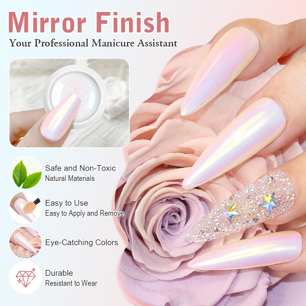 Chrome Ongle Nacrée, 2Pcs Poudre Chrome, Poudre ongle Effet Perle Glitzerpuder, poudre de Paillettes Aurora Transparente, pour Glazed Donut Nails, Pearl Shimmer Nails