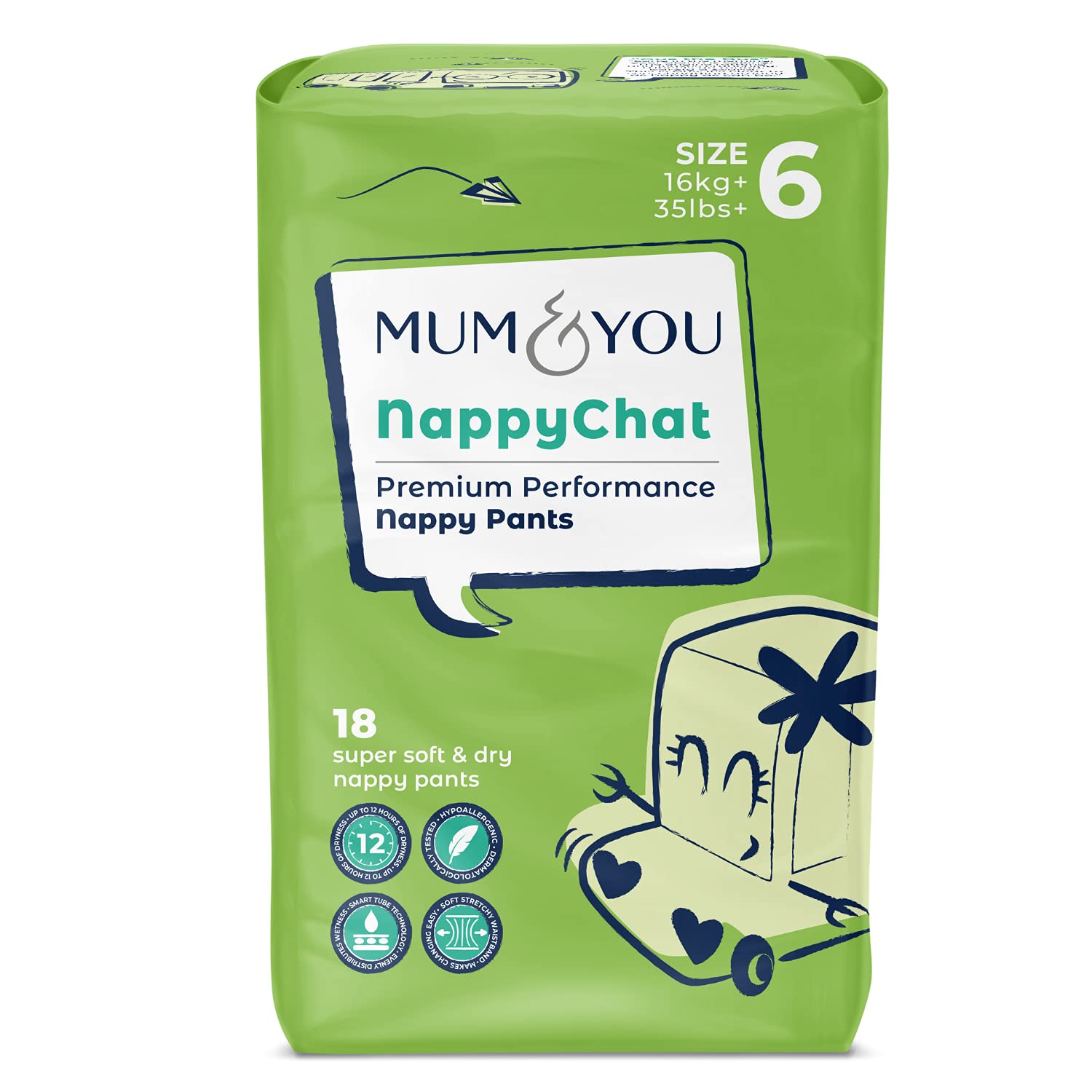 Mum & You Eco Friendly Baby Nappies- Premium Size 6 Nappy Pants (16+ KG), 18 Count, Pull Up Training Pants. Day & Night Nappy | 12-Hr Leak Protection with Wetness Indicator & Rash-Free Baby Diaper