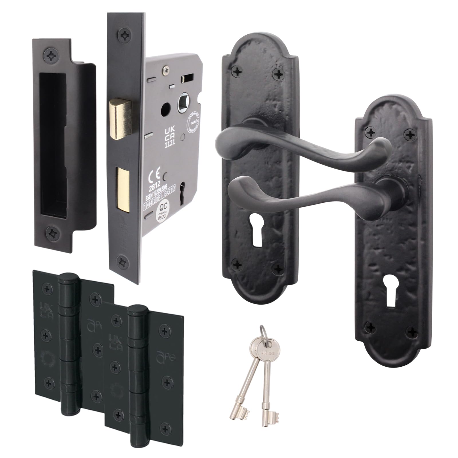 EAI Black Iron Door Handle Sash Lock Pack | 1 Pair of Black Antique Keylock Handles, 80mm Sashlock, Keys & 76mm Hinges